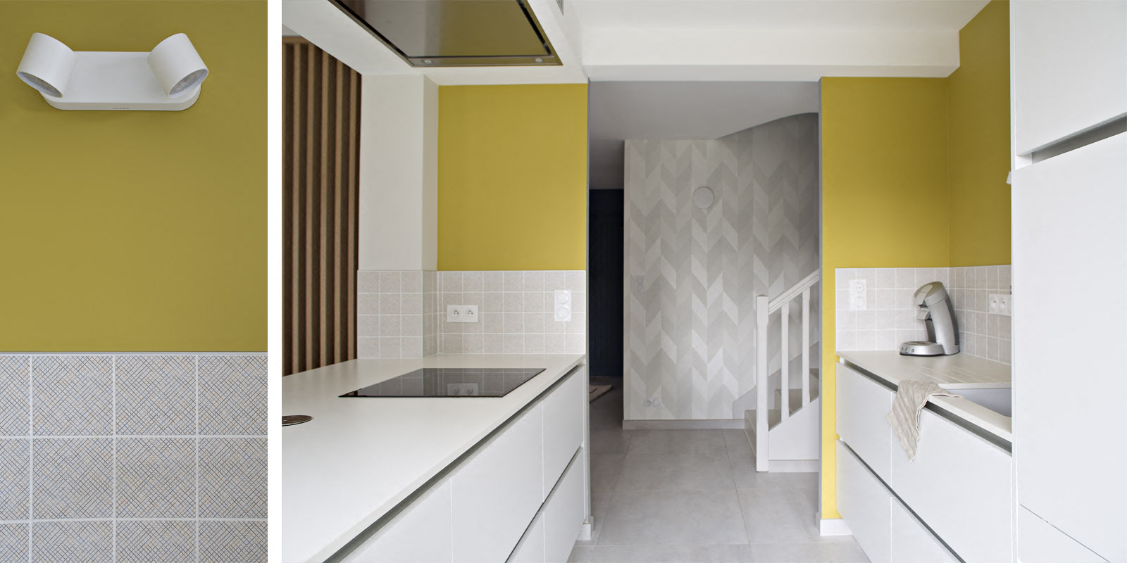 Décoration et agencement cuisine blanche et jaune, crédence Mutina, plan de travail Dekton  Nantes 44