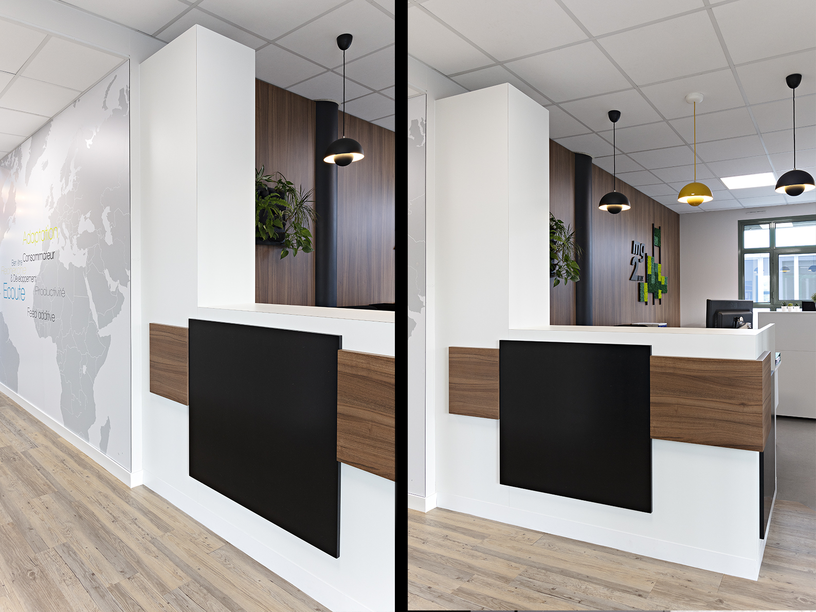 Décoration d'intérieur et conception sur mesure de la banque d'accueil de l'entreprise MG2MIX Nantes
