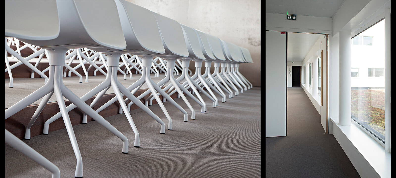 Zoom sur les pieds de chaises design de la salle de conférence du bâtiment et dégagement avec vue sur toit végétalisé, photographié par Gwenaelle Hoyet, photographe d'architecture et de décoration basé à Nantes